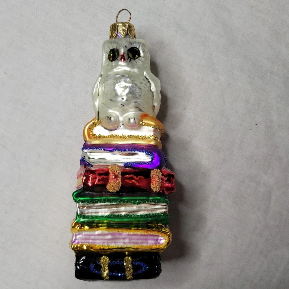 RADKO Hoo Dunnit Snowy Owl on Stack of Books Glass Christmas Ornament Glitter